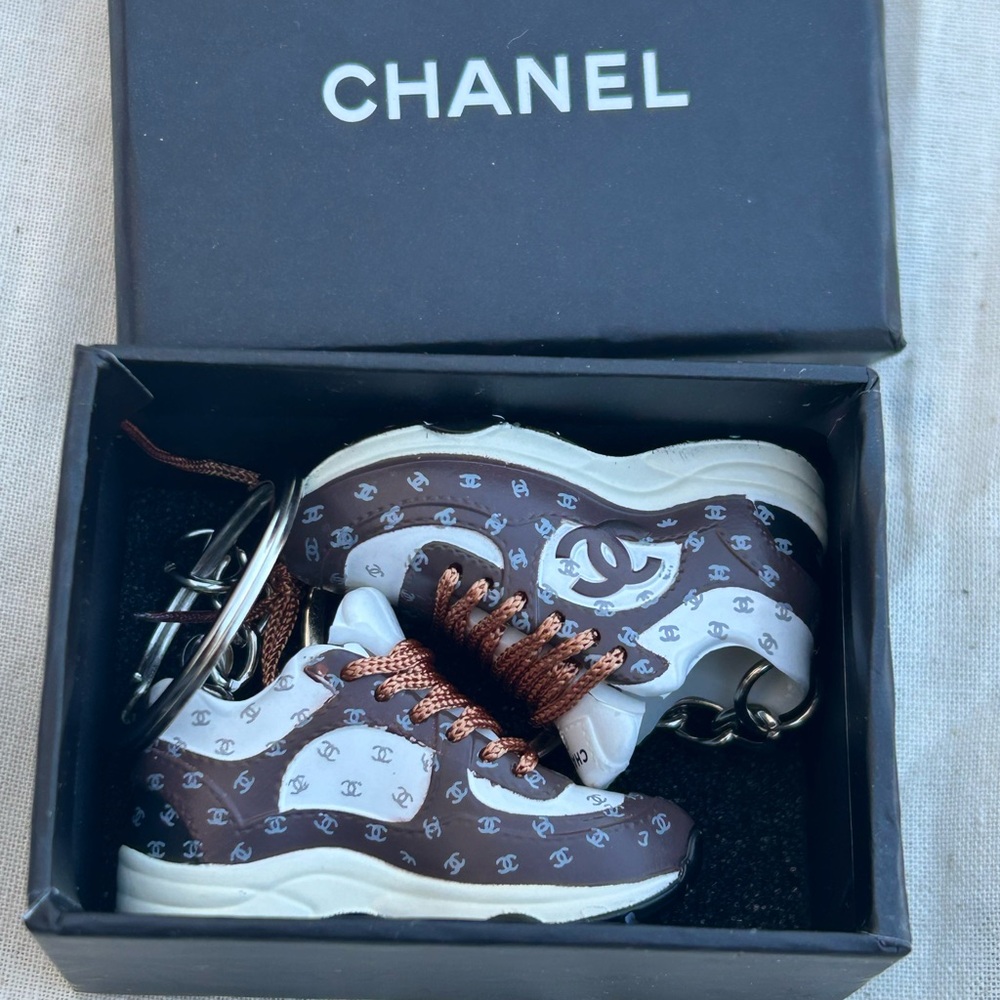 CHANEL Brown & White Mini Sneaker Keychain Pair